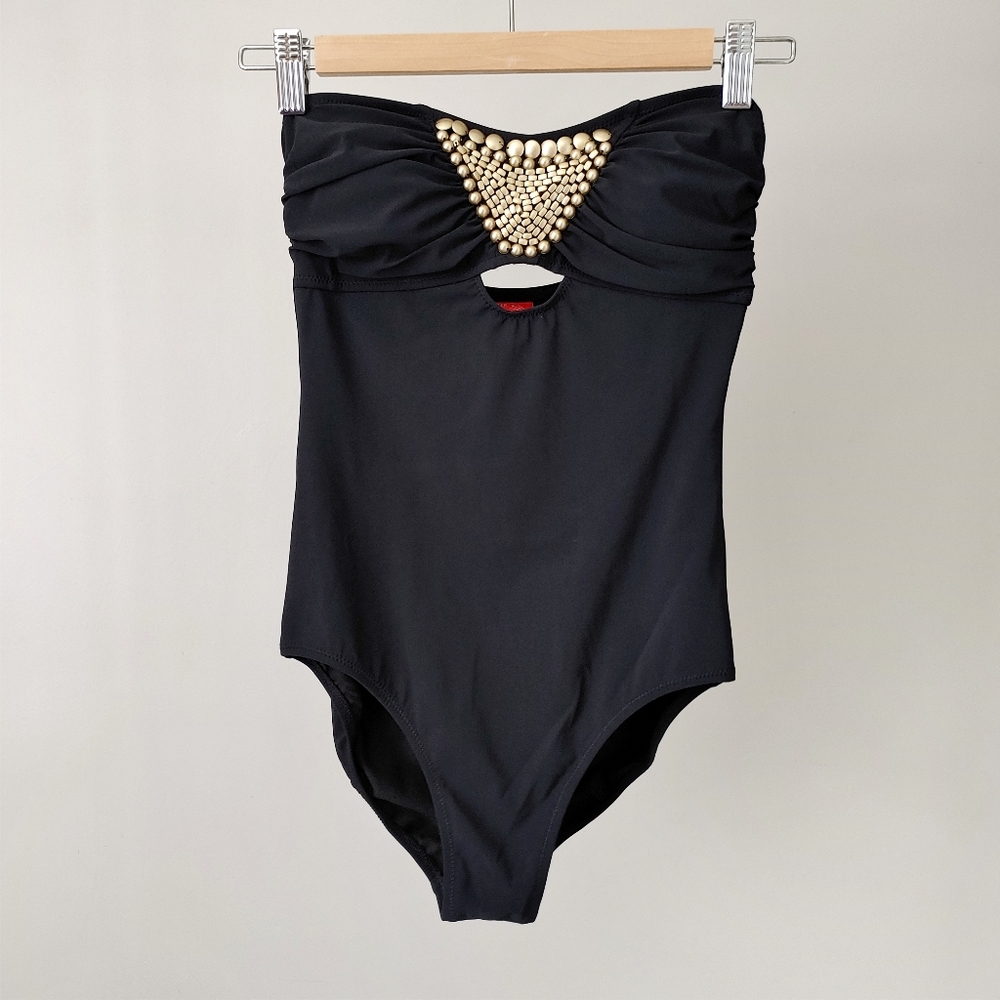 Red Carter One Piece Swimsuit Strapless Beads Size XS Black